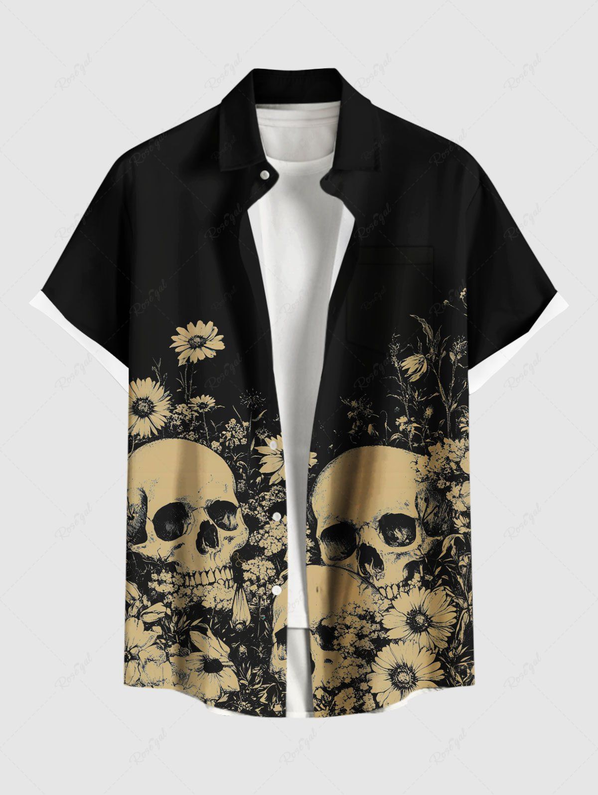 Chemise hawaïenne grande taille à imprimé tête de mort et marguerites, boutons et poches pour homme Noir 4XL