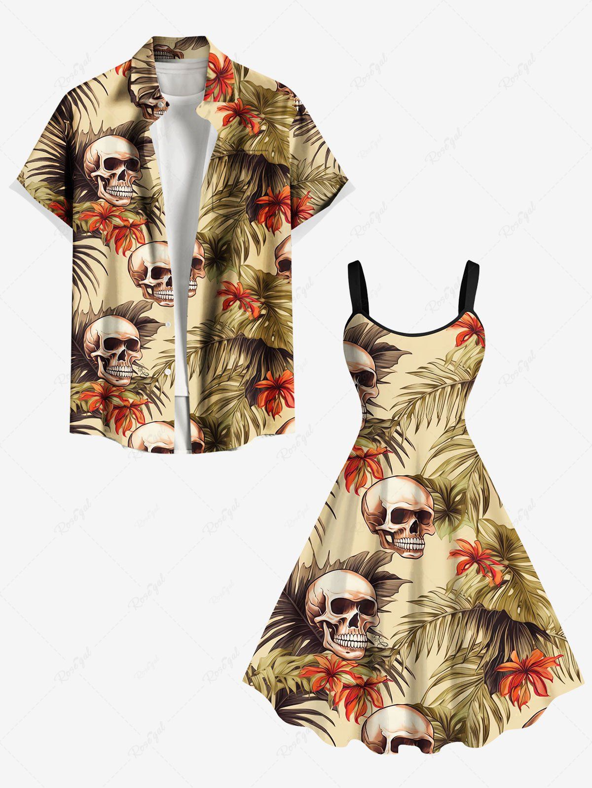 Store Skulls Tropical Leaf Hibiscus Flowers Print Plus Size Matching Hawaii Beach Outfit For Couples  