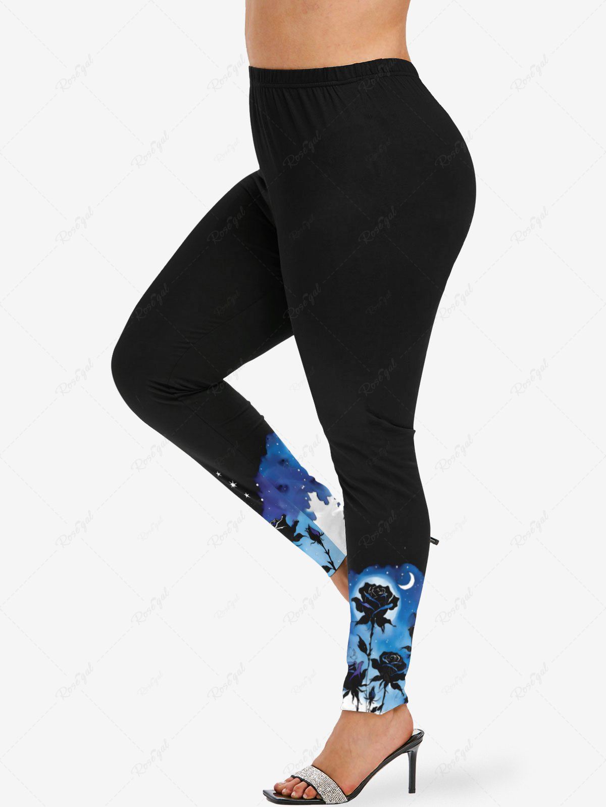 Shop Plus Size Rose Flower Moon Star Galaxy Print Skinny Leggings  