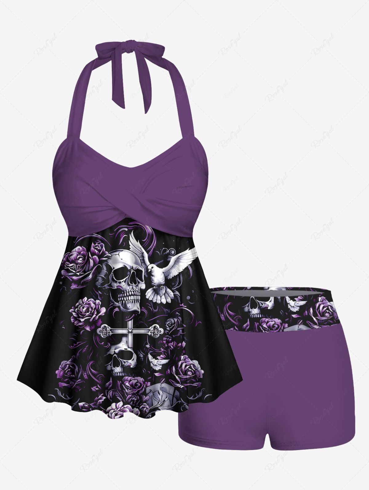 Outfits Skull Cross Flower Bird Print Twist Halter Backless Boyleg Tankini Swimsuit  