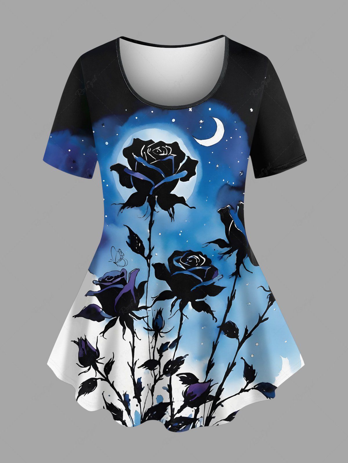 Latest Plus Size Rose Flower Moon Star Galaxy Print T-shirt  