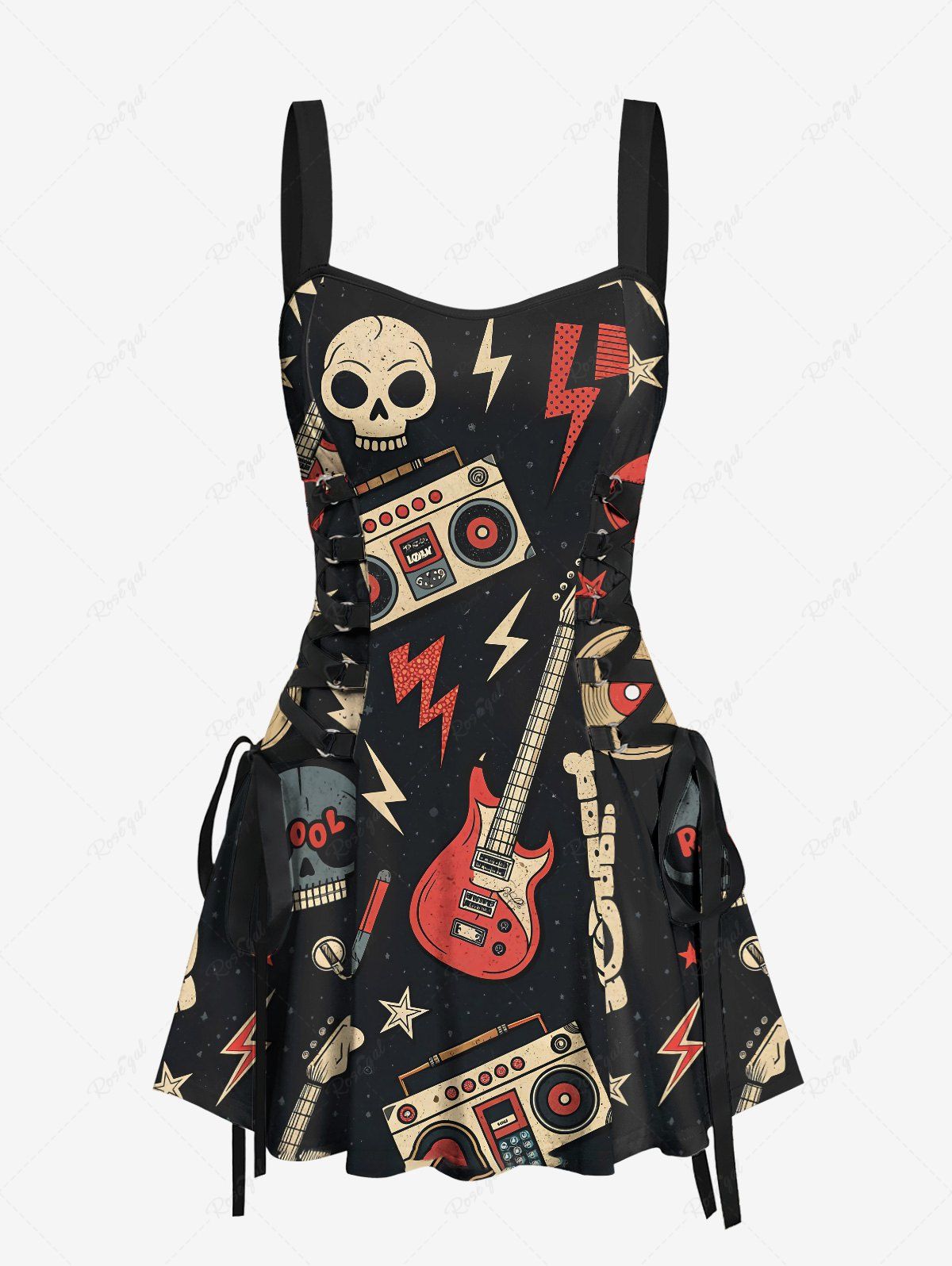 Robe débardeur trapèze à lacets avec imprimé tête de mort, guitare et radio, style rock and roll hawaïen Noir L