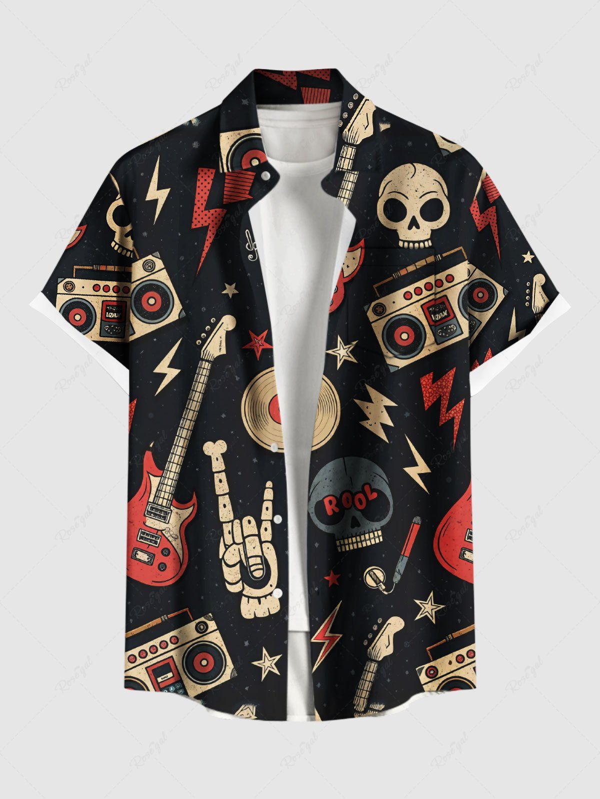 Chemise grande taille à imprimé tête de mort, guitare, radio, rock and roll hawaïen, boutonnée et poche pour homme Noir XL