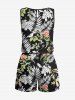 Plus Size Tropical Leaf Flower Print Hawaii Drawstring Pocket Romper -  