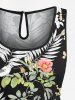 Plus Size Tropical Leaf Flower Print Hawaii Drawstring Pocket Romper -  