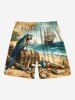 Plus Size Parrot Sea Sailboat Jewelry Skull Print Hawaii Drawstring Beach Shorts For Men -  