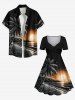 Plus Size Coconut Tree Sun Seascape Print Cinched Hawaii Dress -  