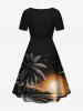 Plus Size Coconut Tree Sun Seascape Print Cinched Hawaii Dress -  
