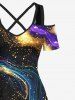 Robe longue trapèze hawaïenne à bretelles croisées et épaules dénudées, imprimé galaxie et paillettes, grande taille - Noir L