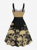Plus Size Skulls Daisy Flowers Print Buttons Turn Down Collar Hawaii Dress With Belt -  