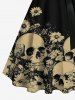 Robe hawaïenne grande taille à imprimé tête de mort, marguerites, boutons, col rabattu et ceinture - Noir 2X