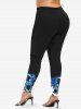 Plus Size Rose Flower Moon Star Galaxy Print Skinny Leggings -  