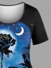 Plus Size Rose Flower Moon Star Galaxy Print T-shirt -  