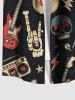 Chemise grande taille à imprimé tête de mort, guitare, radio, rock and roll hawaïen, boutonnée et poche pour homme - Noir XL