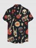 Chemise grande taille à imprimé tête de mort, guitare, radio, rock and roll hawaïen, boutonnée et poche pour homme - Noir XL