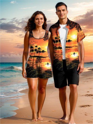Matching Hawaii Shirt and Romper Plus Size Beach Outfit Coconut Tree Bird Seascape Printed for Couples - ORANGE