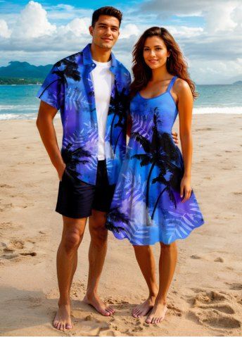 Coconut Tree Tropical Leaf Tie Dye Ombre Print Plus Size Matching Hawaii Beach Outfit For Couples - SKY BLUE