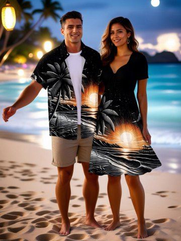 Tenue de plage hawaïenne assortie grande taille à imprimé cocotier et soleil, idéale pour les couples