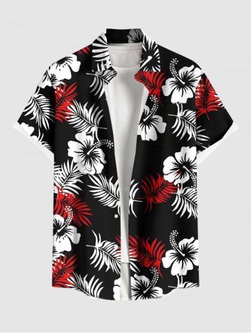 Plus Size Two Tone Tropical Leaf Hibiscus Flower Print Hawaii Button Pocket Shirt For Men - BLACK - 2XL