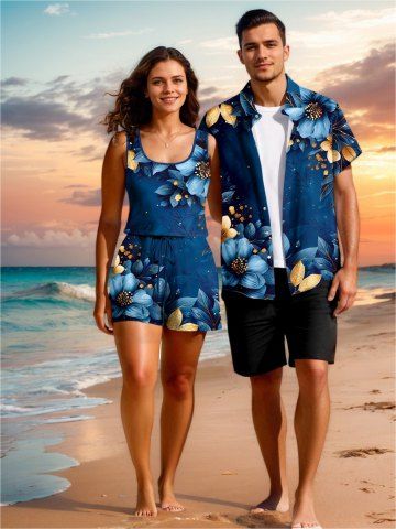 Ensemble chemise et barboteuse hawaïennes assorties, tenue de plage grande taille, imprimé floral hibiscus et galaxie bicolore pour couples
