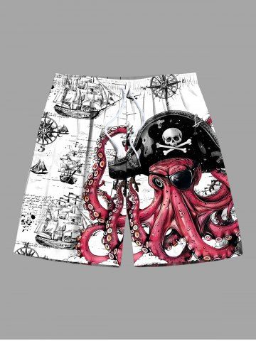 Plus Size Octopus Pirate Ship Rudder Cruise Print Hawaii Beach Shorts For Men - WHITE - 8XL