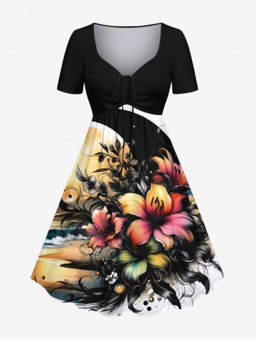 Plus Size Flowers Leaf Moon Print Cinched Hawaii Dress - BLACK - 3X