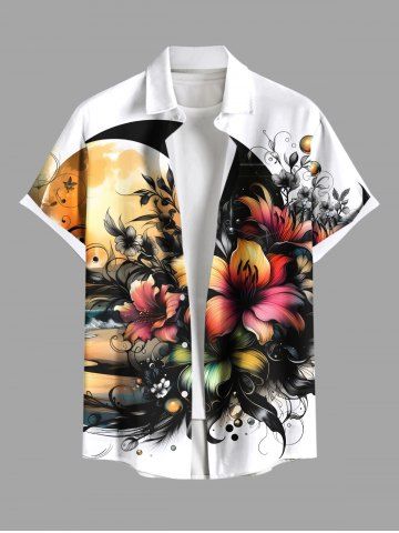 Plus Size Flowers Leaf Moon Print Buttons Pocket Hawaii Shirt For Men - WHITE - 4XL