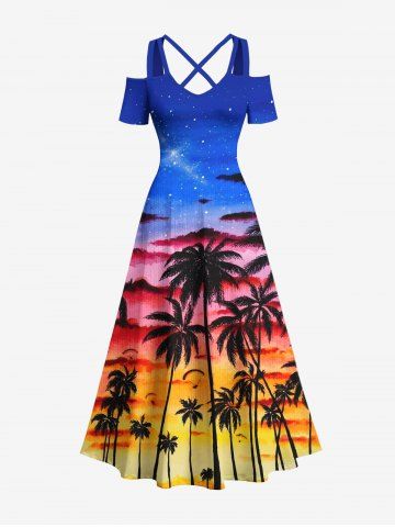 Plus Size Coconut Tree Galaxy Ombre Cloud Print Cold Shoulder Crisscross Hawaii Maxi Dress - SKY BLUE - XS