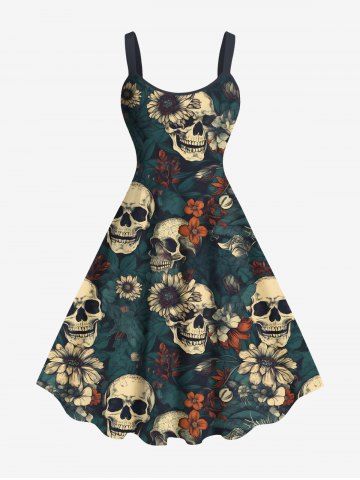 Plus Size Skulls Flowers Print Hawaii Tank Dress - DEEP GREEN - XXS