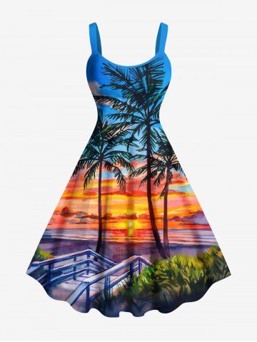 Plus Size Coconut Tree Colorful Sky Cloud Print Hawaii Tank Dress - BLUE - XXS