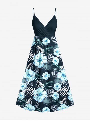 Plus Size Hibiscus Flower Leaf Tropical Print Surplice Hawaii Cami Dress - BLACK - 6X