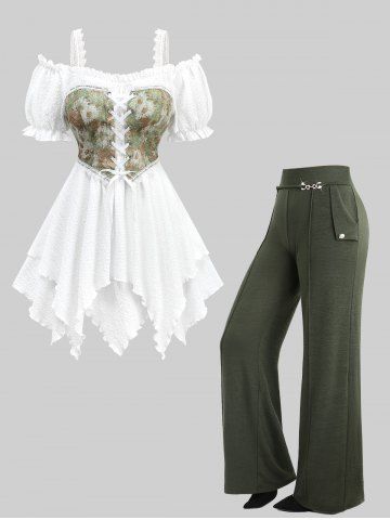 Sunflower Oil Painting Print Lace Up Cold Shoulder Top and Pintuck Buckle Waist Wide Leg Pants Plus Size Outfit - WHITE