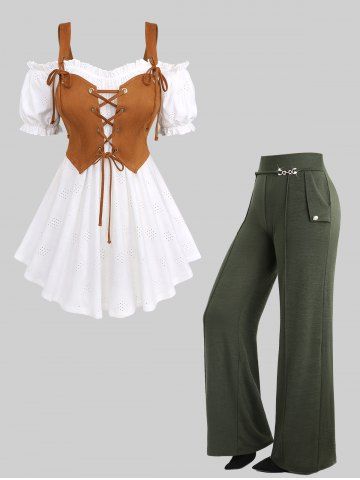 Haut 2 en 1 à lacets et ajouré en tricot jacquard à épaules dénudées et pantalon large à taille plissée avec boucle, tenue grande taille - WHITE