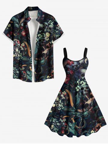 Tenue de plage hawaïenne assortie grande taille, motif tête de mort, fleurs, imprimé serpent, pour couples