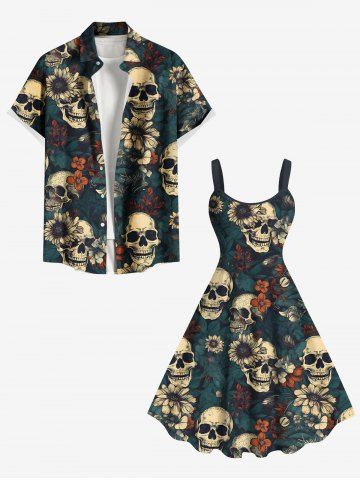 Skulls Flowers Print Plus Size Matching Hawaii Beach Outfit For Couples - DEEP GREEN