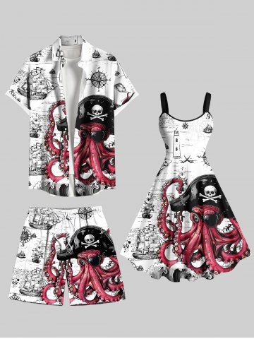 Skull Octopus Pirate Sailboat Print Plus Size Matching Hawaii Beach Outfit For Couples - WHITE