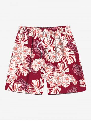 Plus Size Tropical Leaf Hibiscus Flower Print Hawaii Drawstring Pocket Beach Shorts For Men - RED - L