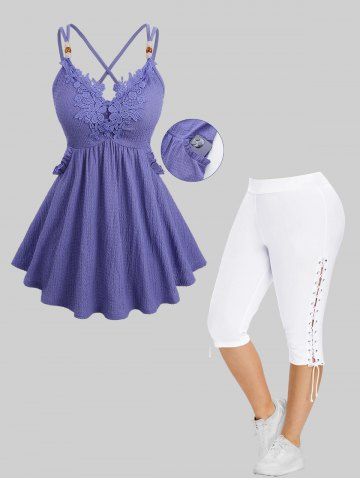 Tenue grande taille avec haut uni texturé à appliqués floraux et pantalon capri taille haute à lacets - LIGHT PURPLE
