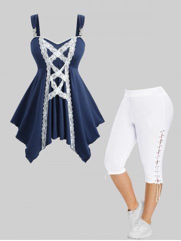 Tenue grande taille avec débardeur mouchoir bicolore et pantalon capri taille haute à lacets - BLUE