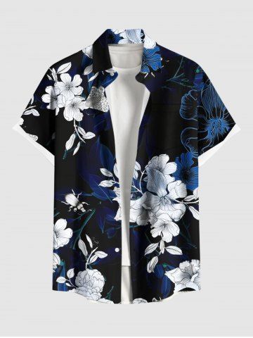 Plus Size Ombre Hibiscus Flower Leaf Branch Print Hawaii Button Pocket Shirt For Men