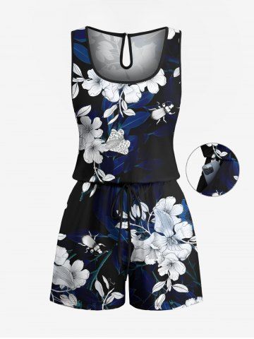 Plus Size Ombre Hibiscus Flower Leaf Branch Print Hawaii Drawstring Pocket Romper - MIDNIGHT BLUE - XXS