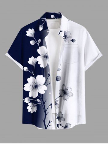 Plus Size Dip Dye Ombre Flower Branch Print Hawaii Button Pocket Shirt For Men - WHITE - 5XL