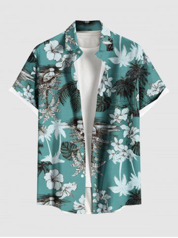Plus Size Coconut Tree Tropical Leaf Hibiscus Flower Print Hawaii Button Pocket Shirt For Men - GREEN - 6XL