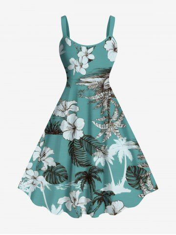 Plus Size Coconut Tree Tropical Leaf Hibiscus Flower Print Hawaii A Line Tank Dress - GREEN - S