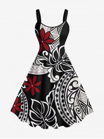 Plus Size Tropical Leaf Hibiscus Flower Ethnic Print Hawaii A Line Tank Dress - BLACK - 6X
