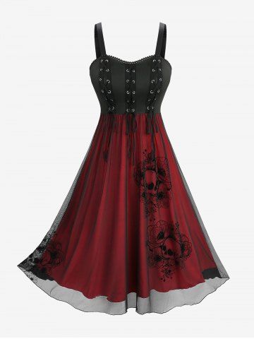 Skull Rose Flower Flocking Lace-up Grommets Lace Trim Tank Dress - BLACK - XXXL