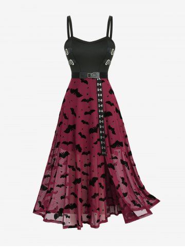 Bats Moon Star Mesh Flocking Hook and Eye Split A Line Cami Dress with Removable Belt - DEEP RED - M