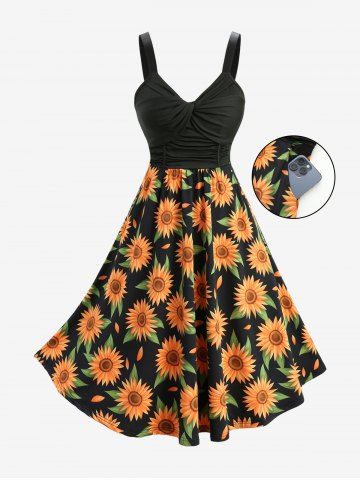 Sunflowers Print Ruched Twist Pockets Tank Dress - BLACK - L