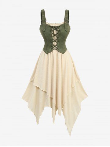 Lace Up Handkerchief Layered 2 in 1 Corset Dress - LIGHT COFFEE - XL