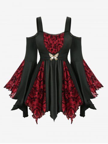 Plus Size Mesh Cross Floral Flocking Lace Trim Butterfly Buckle Cold Shoulder Flare Sleeves Top - BLACK - 4X | US 26-28